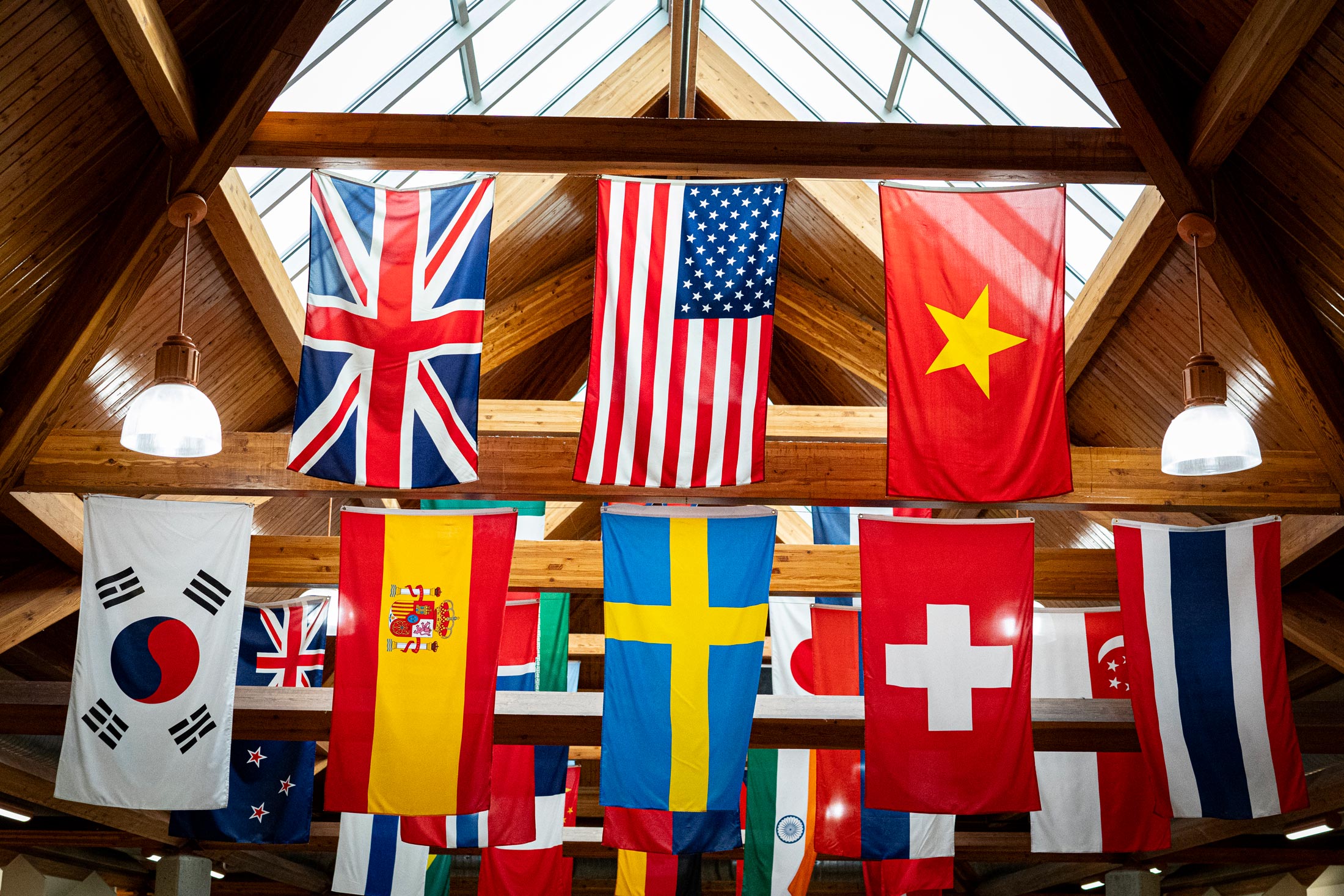 A diverse group of flags from different countries in the world hanging at Rockridge Secondary