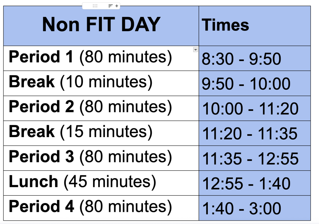 WVSS 2026-27 Bell Schedule and alternate bell schedules