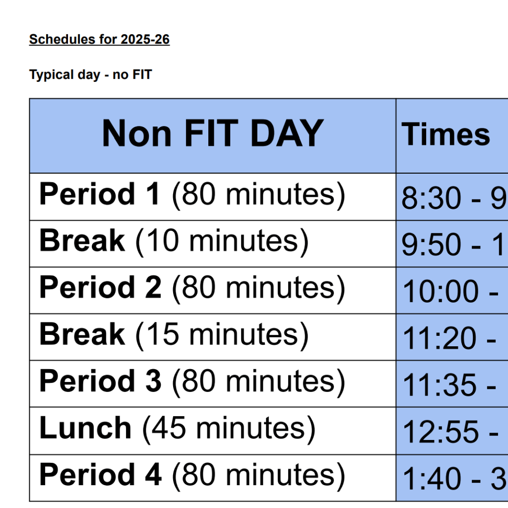 WVSS 2025-26 Bell Schedule and alternate bell schedules
